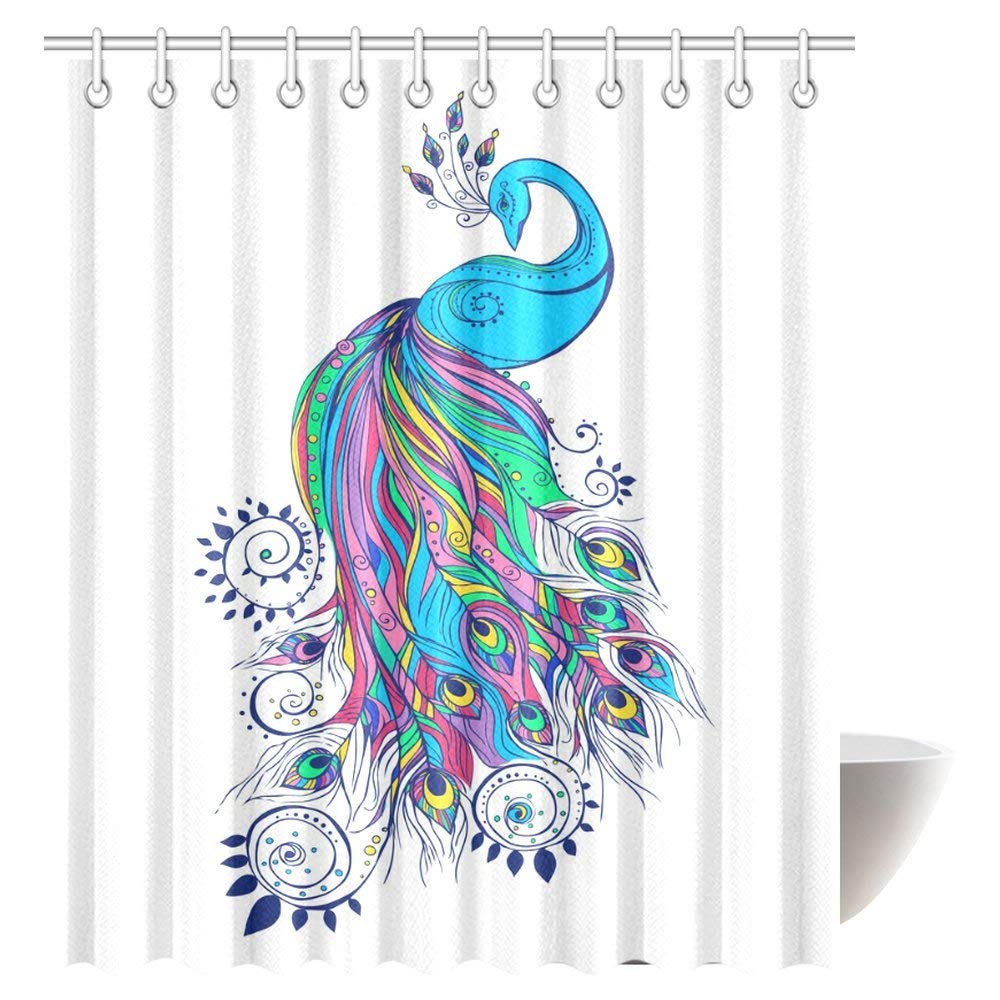 Peacock Decor Shower Curtain, Colorful Fashion Art with Peacock Pattern Stylish Ornament Paisley Oriental Fabric Bathroom Shower Curtain Set