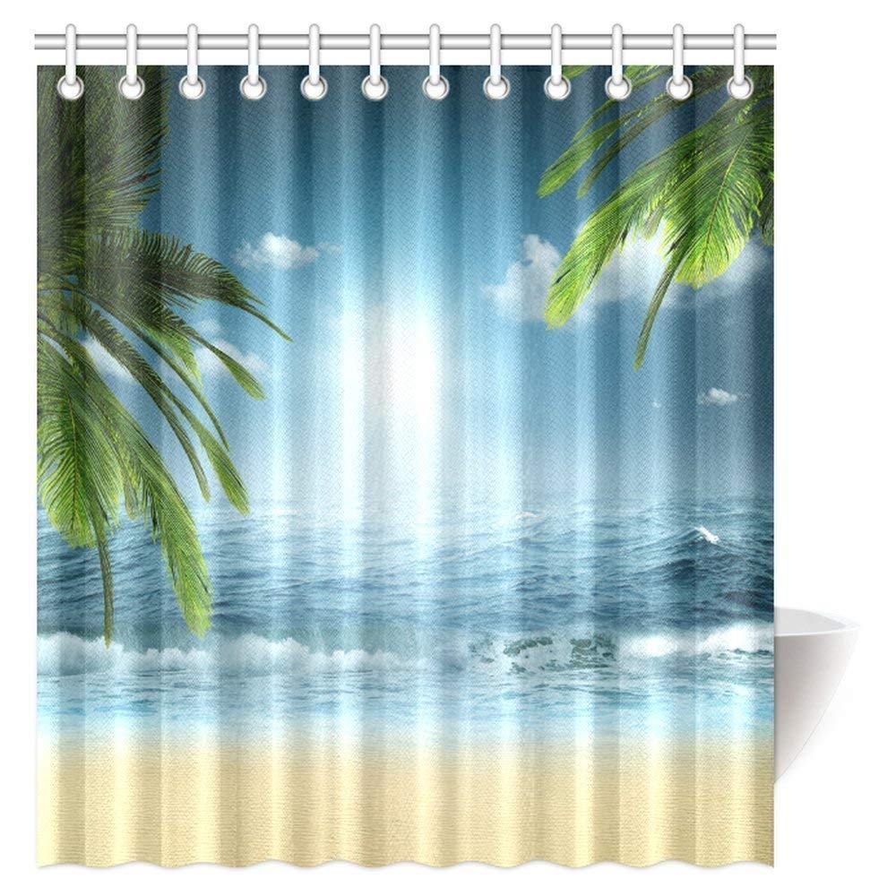 Ocean Beach Theme Decorations Shower Curtain, Beach Sunset Ocean Bathroom Decor Shower Curtain Set with Hooks