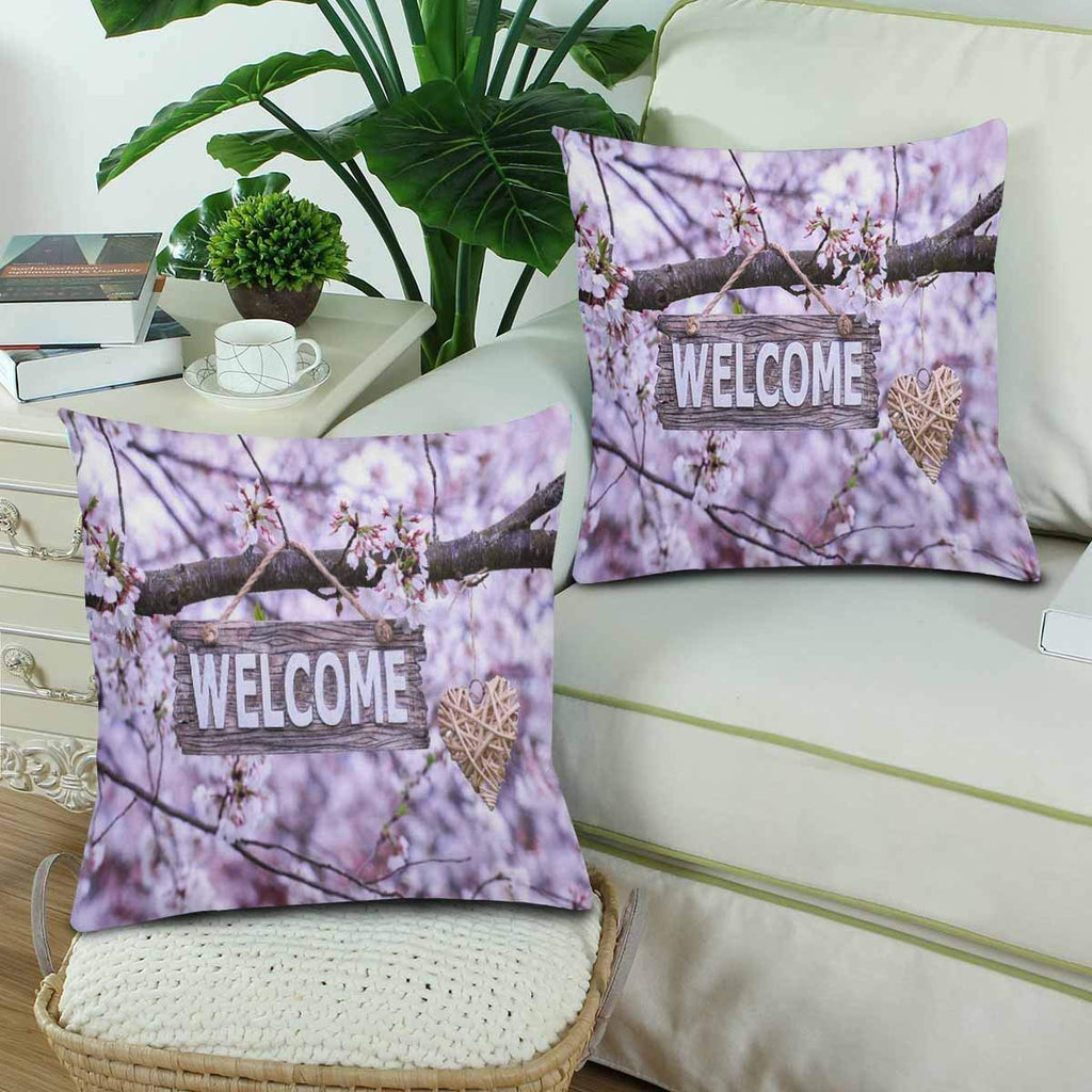 Welcome Sign Tree Branch Spring Flower Mothers Day Throw Pillow Covers 18x18 Set of 2, Pillow Cushion Cases Pillowcase for Home Couch Sofa Bedding Decorative