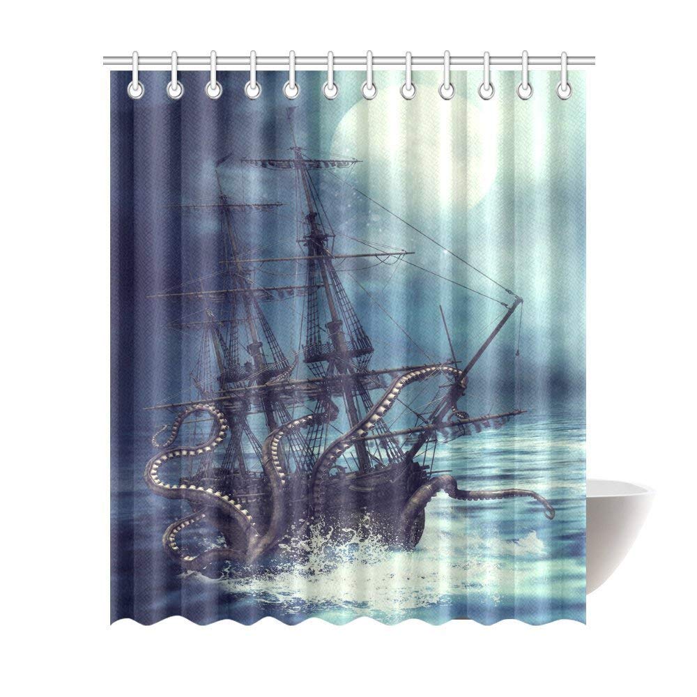 Pirate Ship Octopus Tentacles Home Textile Bathroom Decoration Luxurious Cozy Lovely Decor Pleasing Design Effect Fabric Purple Shower Curtain