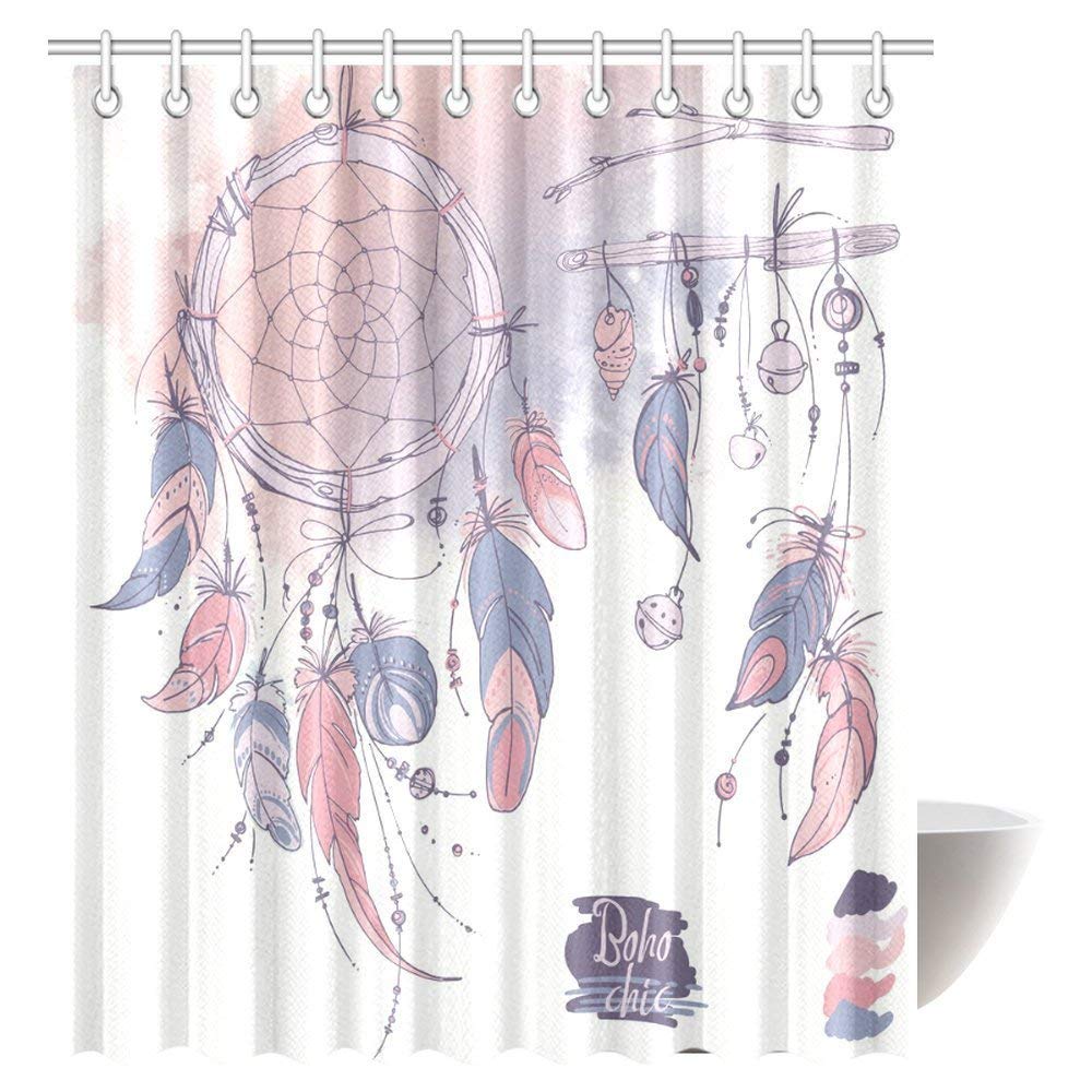 Native American Shower Curtain, Ethnic Dreamcatchers Native American Tribal Elements in Mod Graphic Design Bathroom Decor Set with Hooks