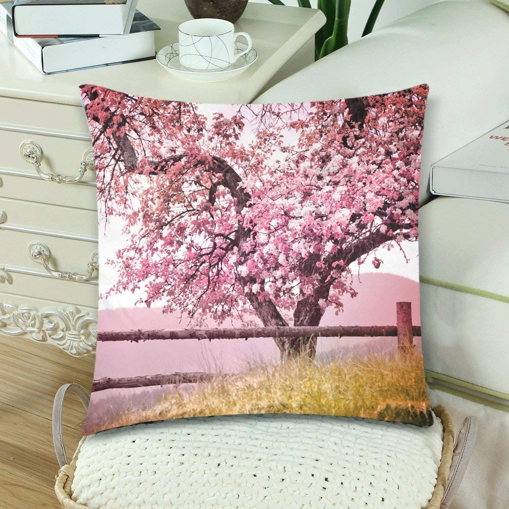 Custom 2 Pack Spring Flower Sakura Throw Pillow Case Covers 18x18 Twin Sides, Cherry Blossom Tree over Nature Cotton Zippered Cushion Pillowcase Set Decorative