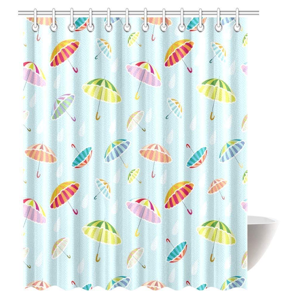 Apartment Decor Shower Curtain, Colorful Rainbow Umbrellas With Raindrop Fabric Bathroom Decor Set With Hooks