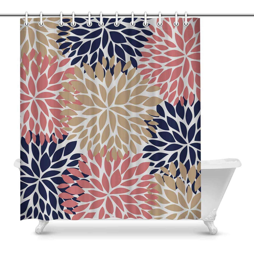 Dahlia Pinnata Flower Coral Beige and Navy Blue Home Decor Waterproof Polyester Bathroom Shower Curtain Bath Decorations with Hooks