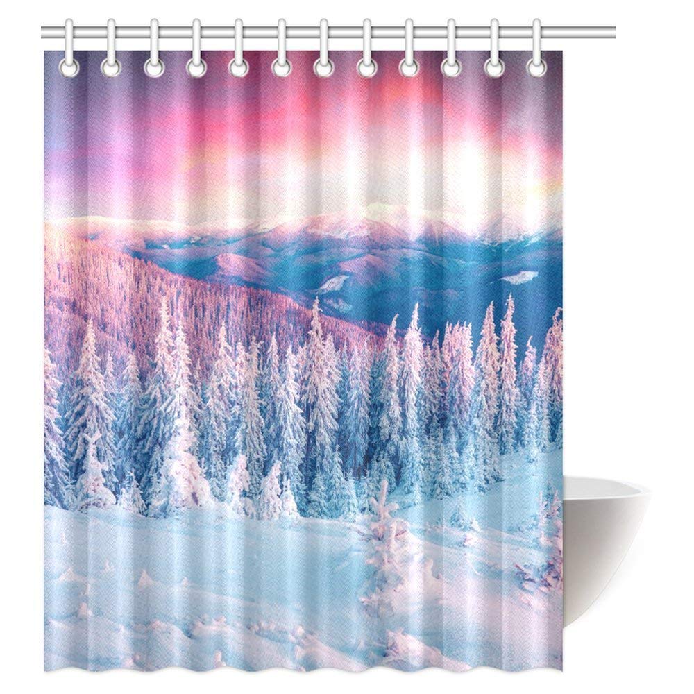 Colorful Winter Snowy Mountain Shower Curtain, First Light of Sunrise Glowing Fir Trees and Snow in Frosty Morning Bathroom Shower Curtain with Hooks