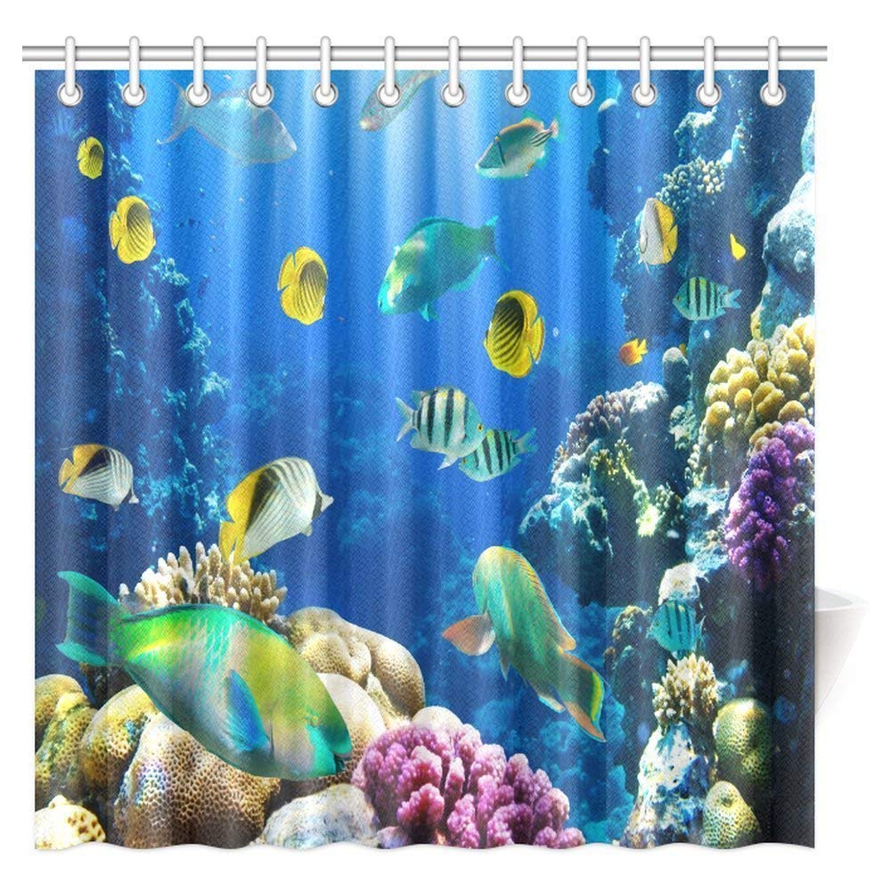 Ocean Shower Curtain Decor Collection, Tropical and Exotic Coral Reefs Fish School Natural Life in a Shallow Underwater Wild Marine Seascape Shower Curtain Set