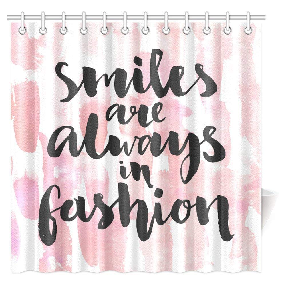 Inspirational Quote Shower Curtain, Smiles are Always in Fashion Quote in Handwriting Style on Watercolor Strokes Art Bathroom Set with Hooks