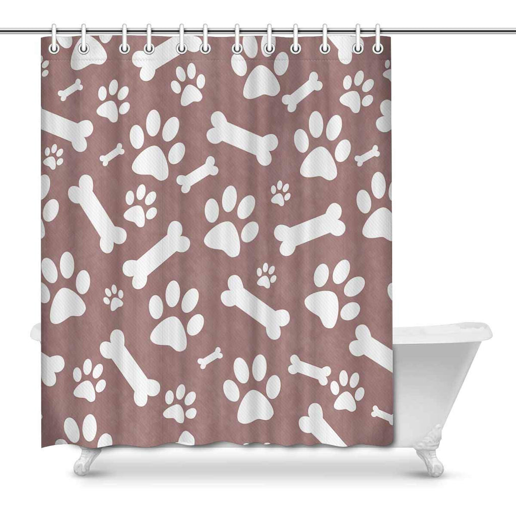 Brown and White Dog Paw Prints and Bones Tile Pattern Art Decor Print Bathroom Shower Curtain Decorations Fabric