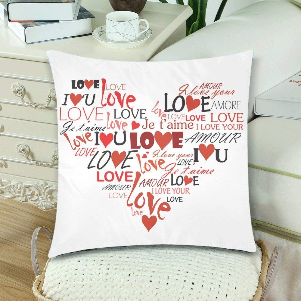 Custom Romantic Love You Heart Pillow Cover 18x18 Cushion Case, Valentine's Gift Cotton Zippered Throw Pillowcase Protector Decorative, Set of 2