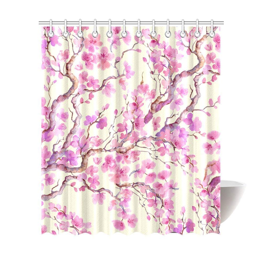 Cherry Blossom Flowers Painting House Decor Shower Curtain for Bathroom, Floral Decorative Bathroom Shower Curtain Set with Rings