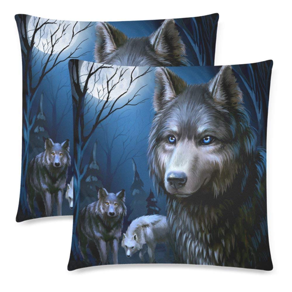 Wild Wolf on the Full Moon Pillowcase Pillow Cover 18x18 Twin Sides, Night Scenery Animal Decor Zippered Throw Cushion Pillow Case Cover Shams Decorative, Set of 2