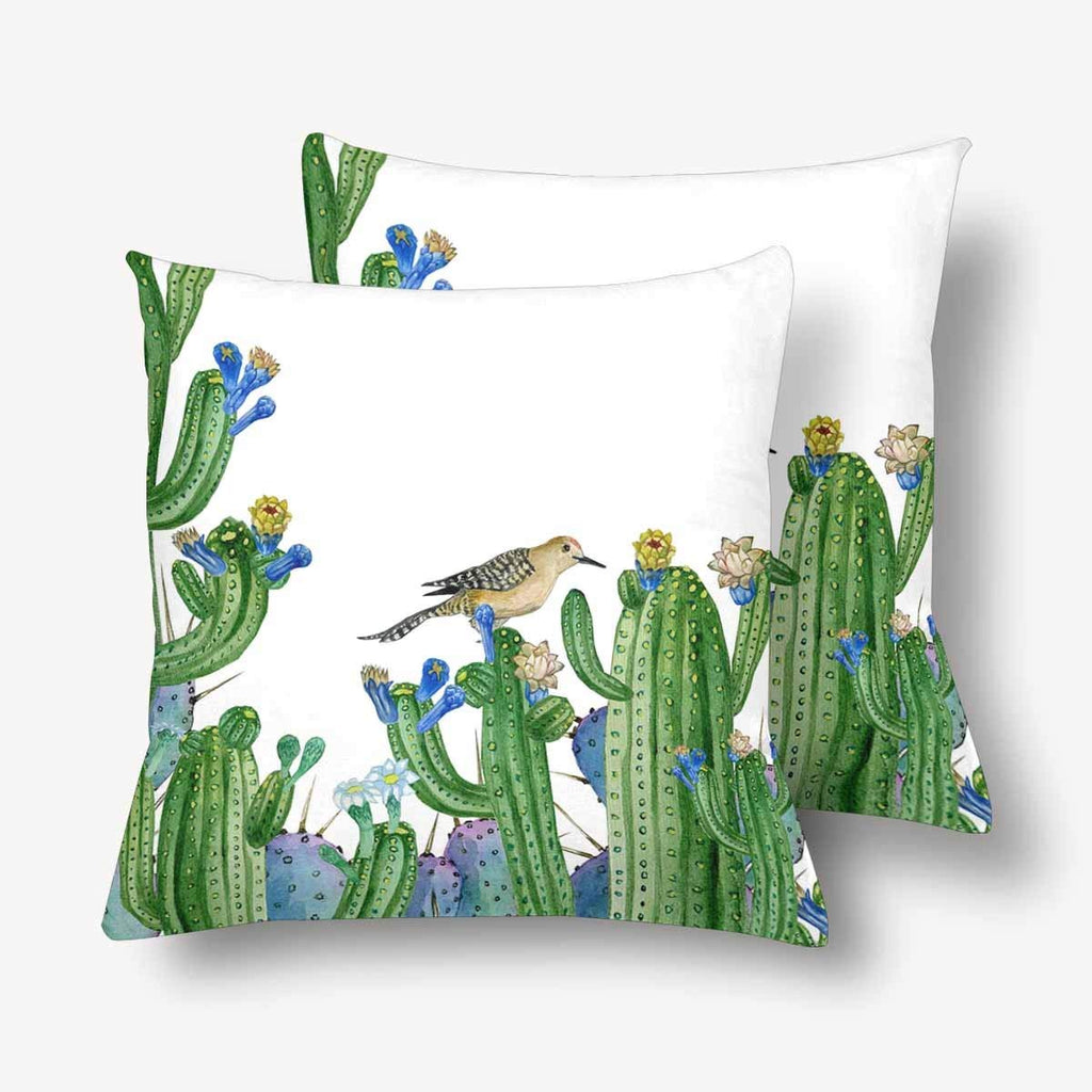 Desert Cactus Floral Summer Wild Watercolor Bird Throw Pillow Covers 18x18 Set of 2, Pillow Cushion Cases Pillowcase for Home Couch Sofa Bedding Decorative