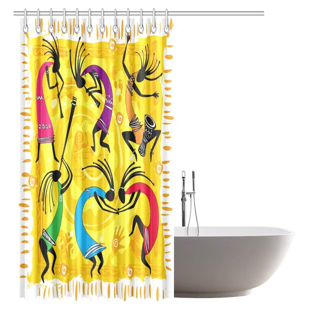 Dancing Playing Musical Instruments Figures on Tribal Style Patterns Artwork Scenic Bathroom Shower Curtain