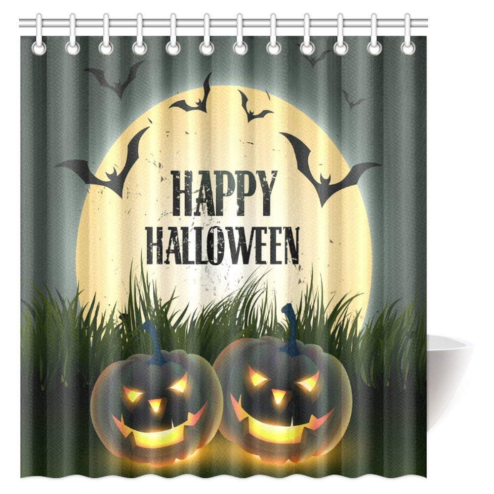 Halloween Shower Curtain, Halloween Themed Asymmetric Caste with Scary Bats and Ghosts Full Moon Bathroom Shower Curtain Set with Hooks