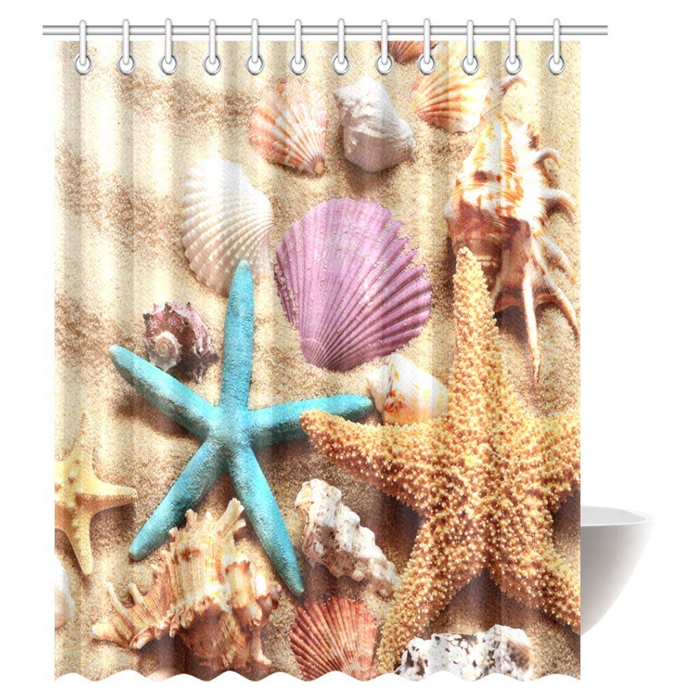 Beach Theme Bathroom Shower Curtain, Seashell Starfish Sand Mildew Resistant Waterproof Polyester Fabric Shower Curtain Bathroom Sets with Hooks, 69 X 84 Inches