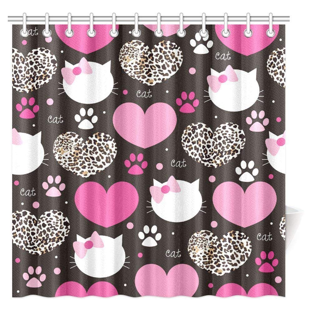 Leopard Print Shower Curtain Home Decor, Leopard Print Heart with Cat Face World Wildlife Bathroom Set with Hooks