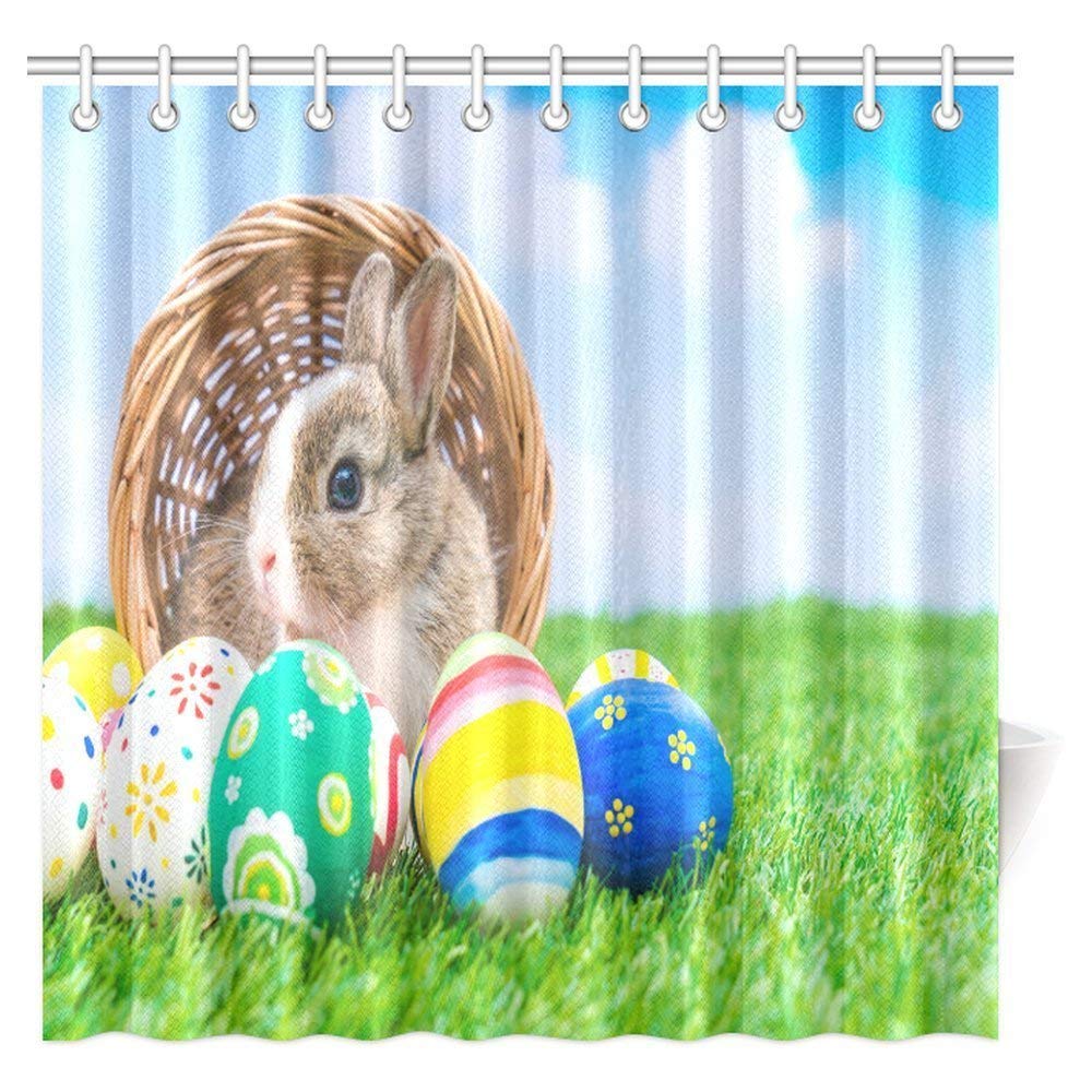 Easter Decorations Holiday Gifts Shower Curtain, Rabbit and Easter Eggs in Green Grass with Blue Sky Bathroom Shower Curtain