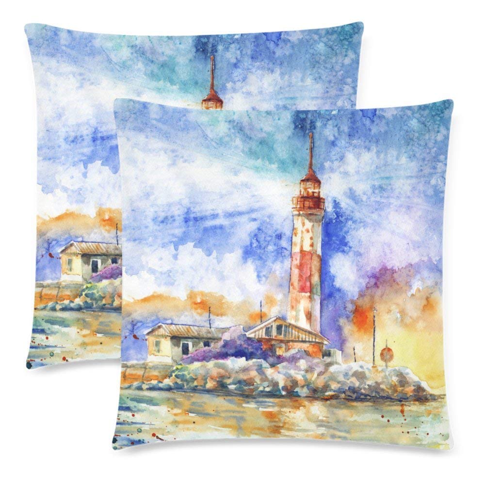 Watercolor Old Red and White Lighthouse Throw Pillowcase Pillow Case 18x18 Twin Sides for Couch Bed, Colorful Sky Zippered Cushion Pillow Cover Shams Decorative, Set of 2