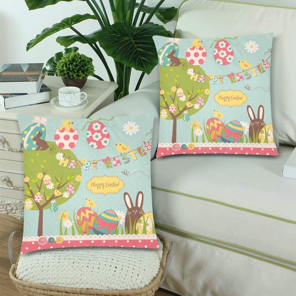 Easter Set with Cute Rabbit Colourful Eggs Pillow Covers 18x18 for Couch Bed