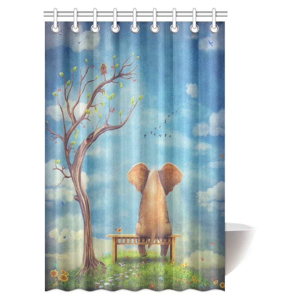 Fantasy House Decor Shower Curtain, Sad Elephant Sitting on a Bench on the Glade Fabric Bathroom Set