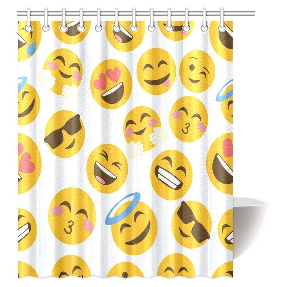 Funny Emoji Shower Curtain, Cartoon Like Smiley Faces of Mosters Happy Sad Angry Furious Moods Expressions Print Fabric Bathroom Set