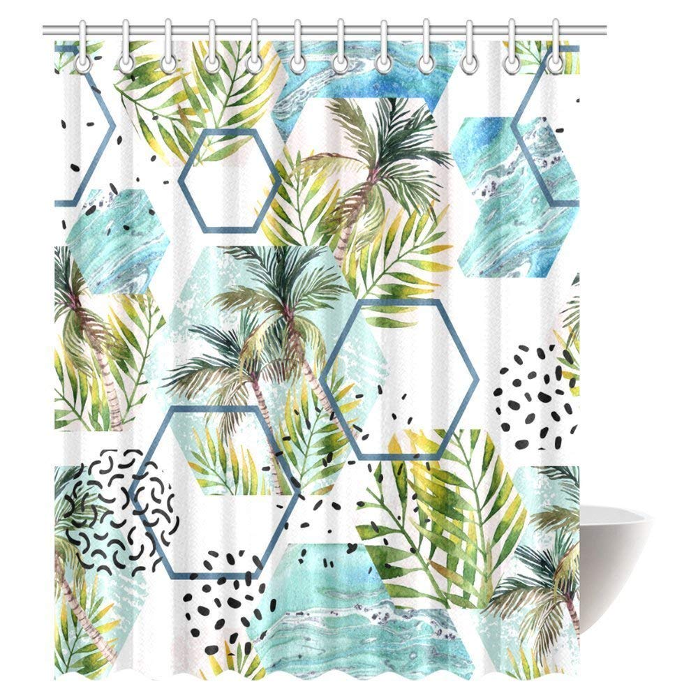 Palm Trees Shower Curtain, Watercolor Summer Tropical Leaves and Palm Trees Shapes Fabric Bathroom Shower Curtain 69 X 84 Inches