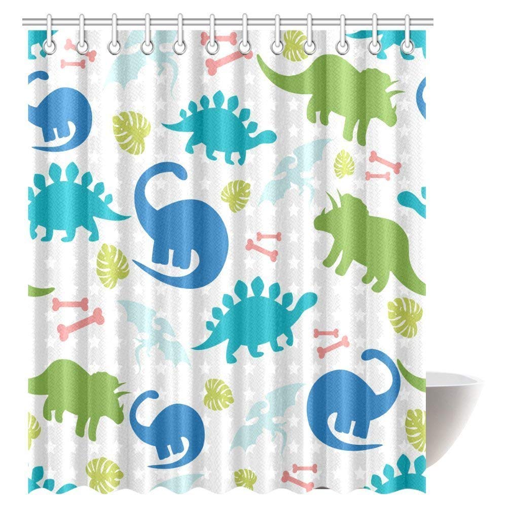 Cartoon Decor Shower Curtain, Funny Colorful Cute Dinosaurs Print Bathroom Shower Curtain Set with Hooks