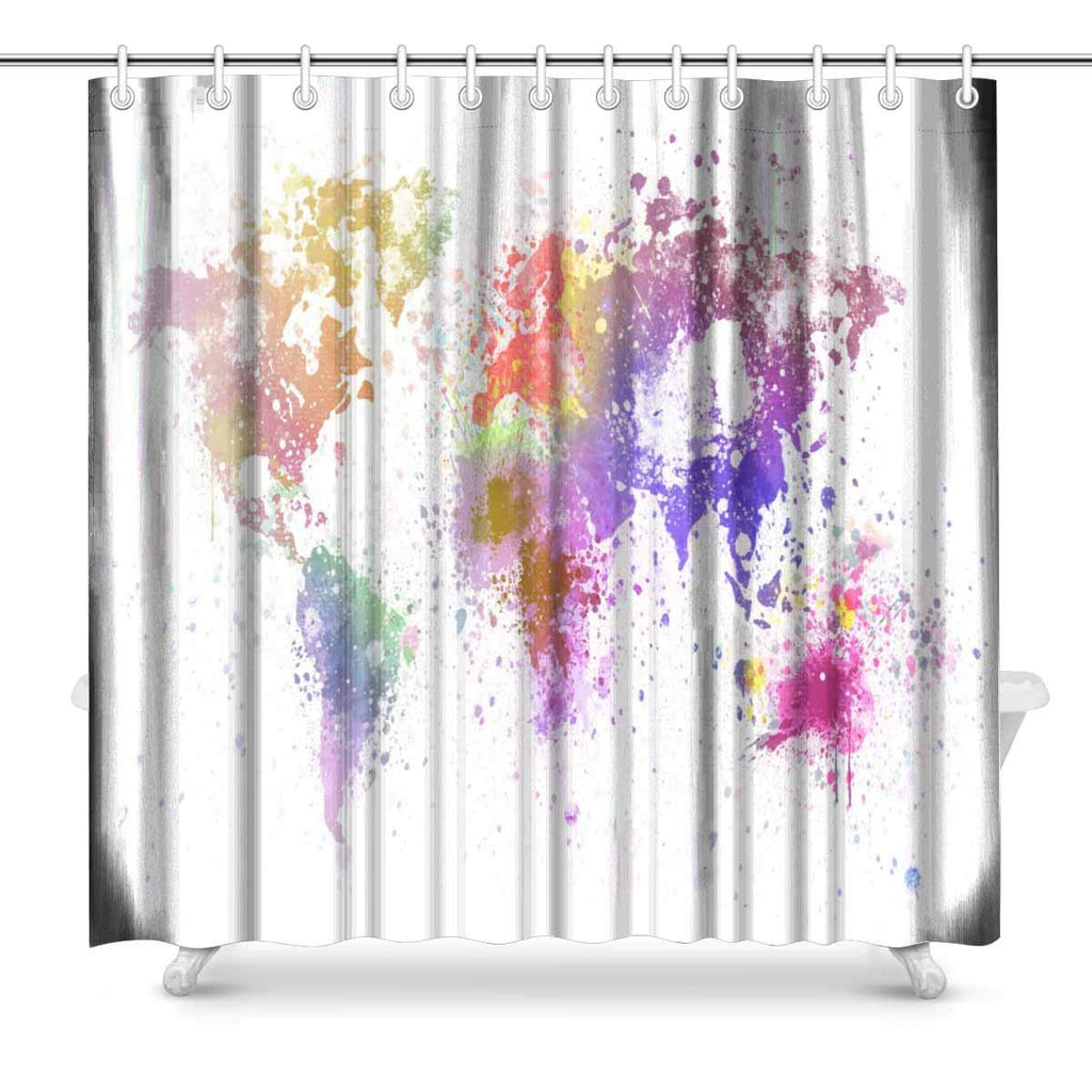 World Map Painting on White Art Paintings Effect Print Fabric Bathroom Shower Curtain Set, 72 x 72 Inches