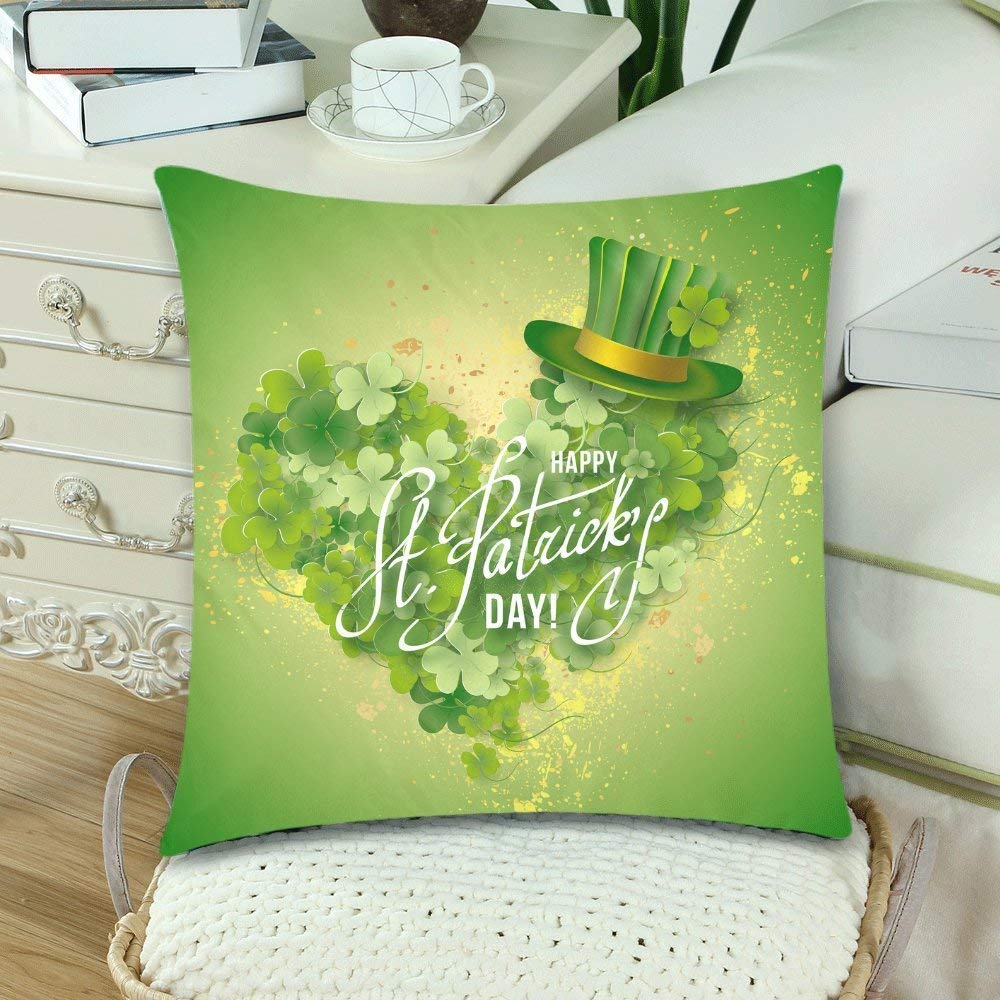 Green Hat and Heart Shaped Shamrock Throw Pillow Cover Cushion Case 18x18