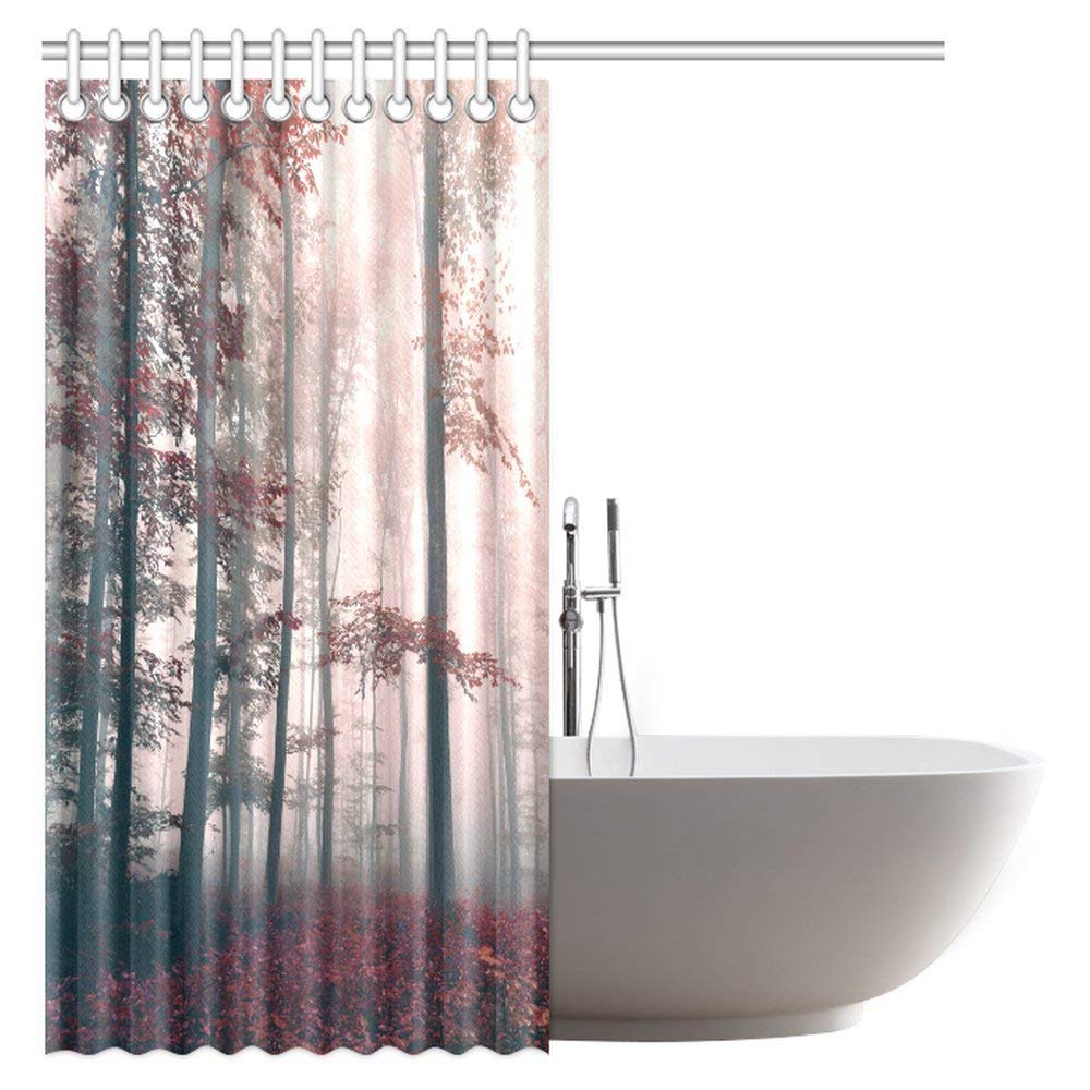 Red Mystic Forest Mystical Charcoal Foggy Country Decor, Mystic Forest Trees and Leaves Red Grass Modern Art Flower Rainy Foggy Gray Scene Fabric Shower Curtain 72 X 72 Inches