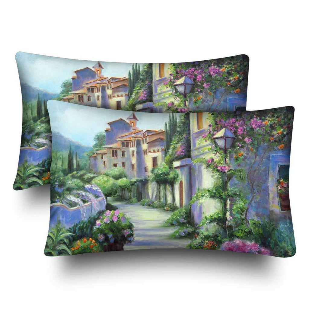 Oil Painting Art Flower Street in Sunny Day Pillow Cases Pillowcase Queen Size 20x30 Set of 2