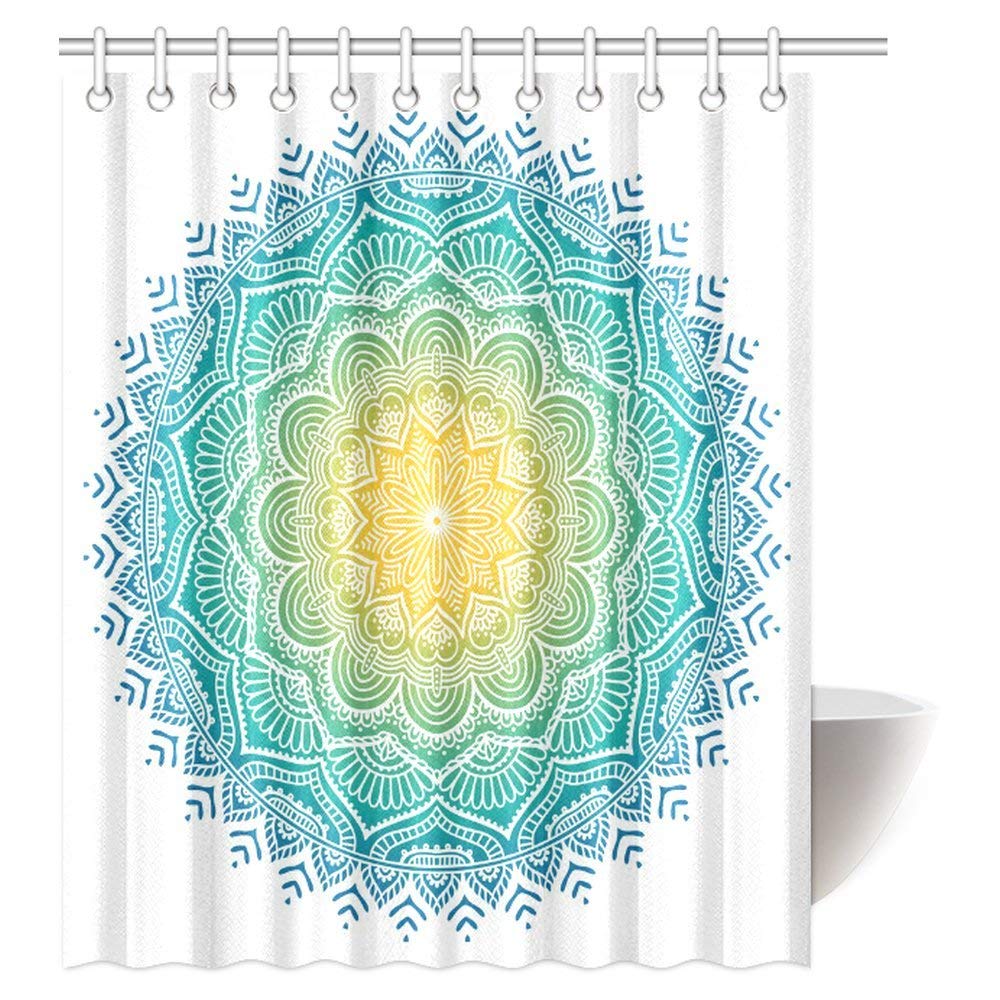 Mandala Shower Curtain, Aquatic Color Mandala Pattern with Sun in Center Indian Art Meditation Zen Theme Fabric Shower Curtain Set with Hooks