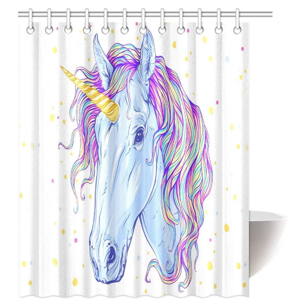 Girly Decor Shower Curtain, Colorful Magic Unicorn Horse Bathroom Decor Set with Hooks