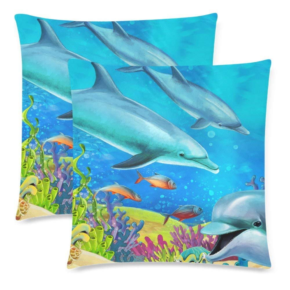 Underwater World Pillowcase Protector 18x18 Twin Sides, Ocean Sea Animal Dolphin Zippered Pillow Case Covers Decorative, Set of 2