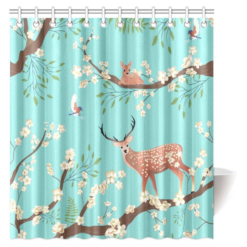 Traditional Asian Retro Nature Sakura Blossom Decor Shower Curtain, Flying Birds and Sika Deer on Tree Brunch Bathroom Decor Shower Curtain Set with Hooks