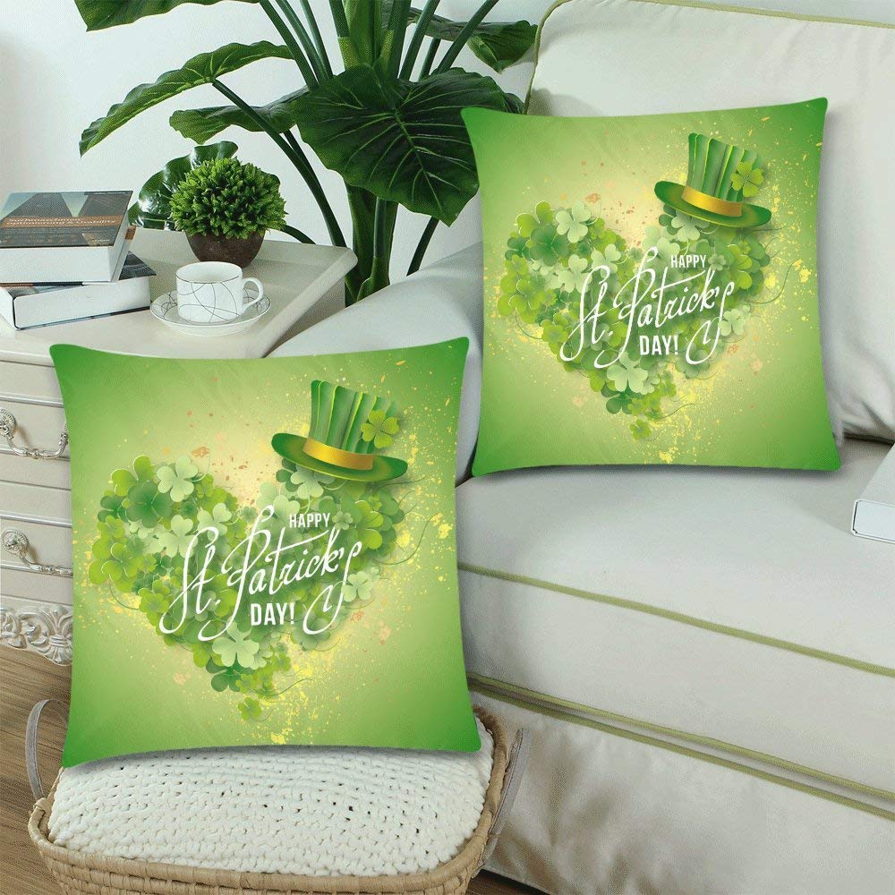 Green Hat and Heart Shaped Shamrock Throw Pillow Cover Cushion Case 18x18