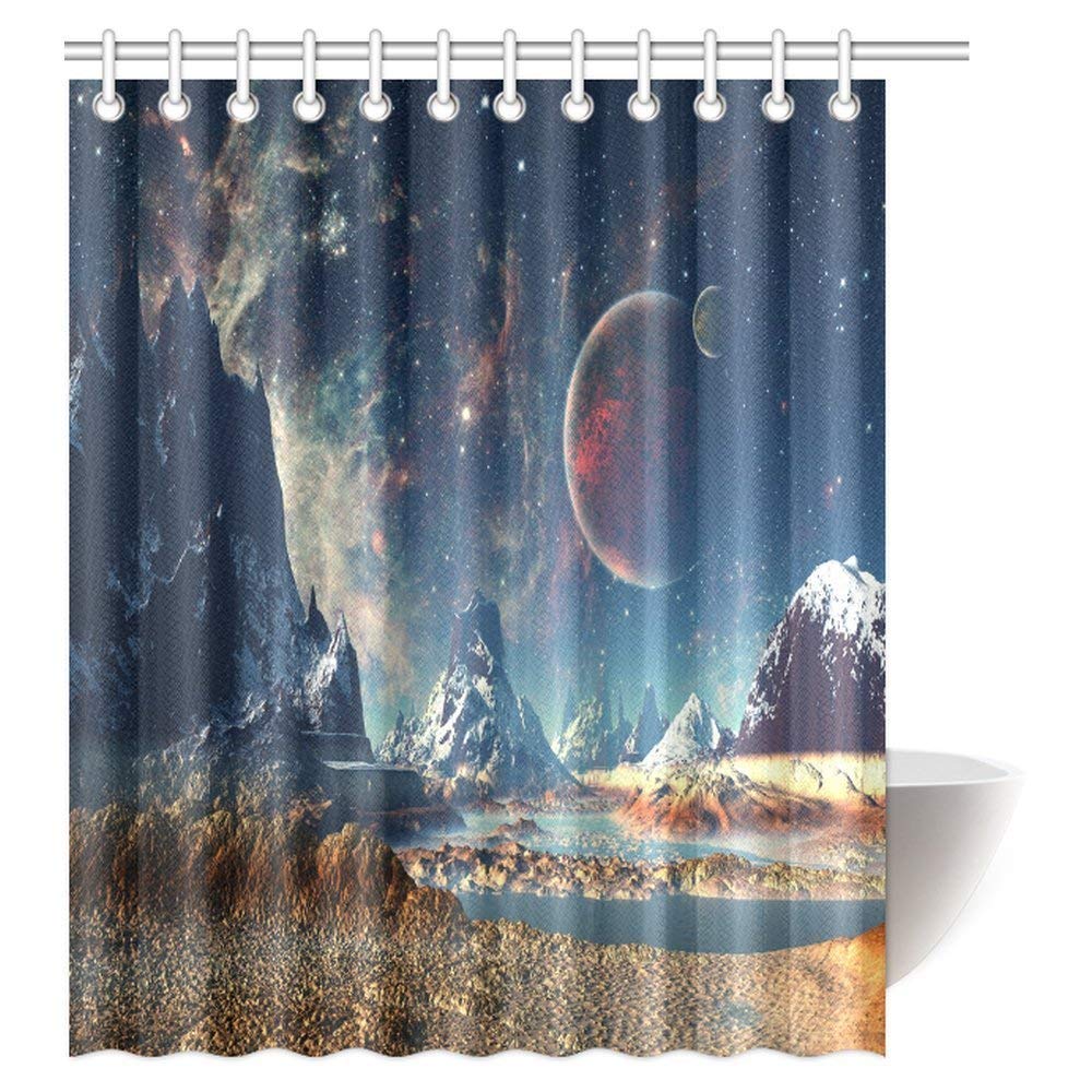 Fantasy Shower Curtain, Alien Planet with Earth Moon and Mountain Fantasy Sci Fi Galactic Future Cosmos Art Fabric Bathroom Shower Curtain with Hooks