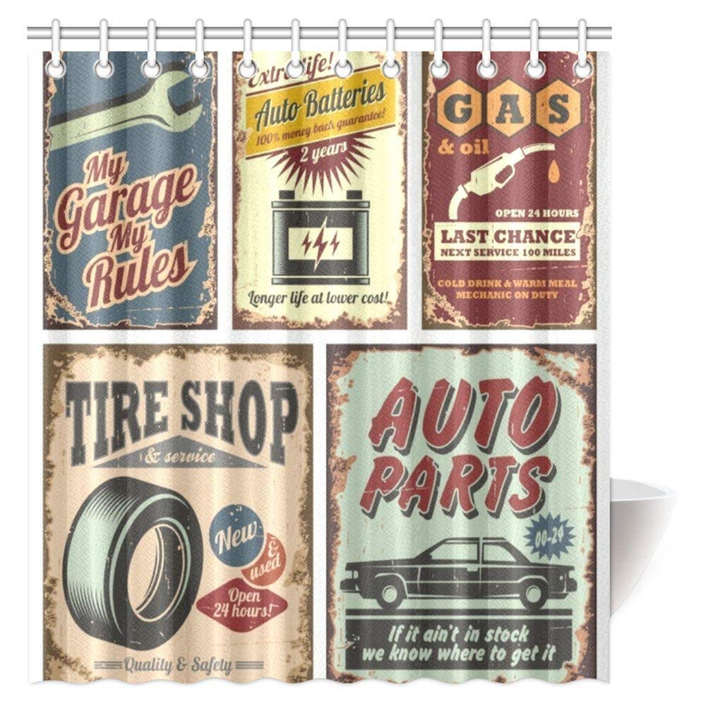 Vintage Car Metal Signs Automobile Advertising Repair Vehicle Garage Classics Servicing Image Fabric Bathroom Shower Curtain Set with Hooks