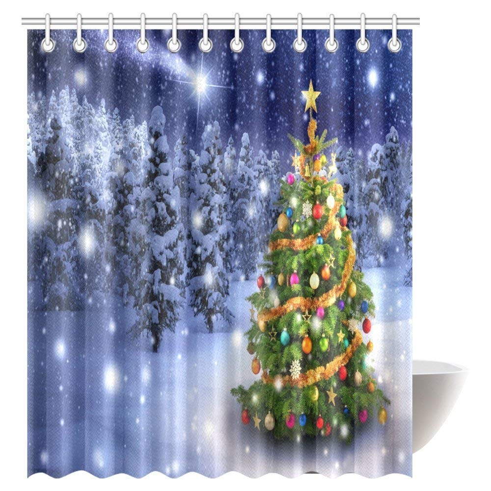 Merry Christmas Themed Shower Curtain Home Decor, Colorful Christmas Tree Outdoor in a Snowy Night with a Shooting Star in The Sky Bathroom Set with Hooks