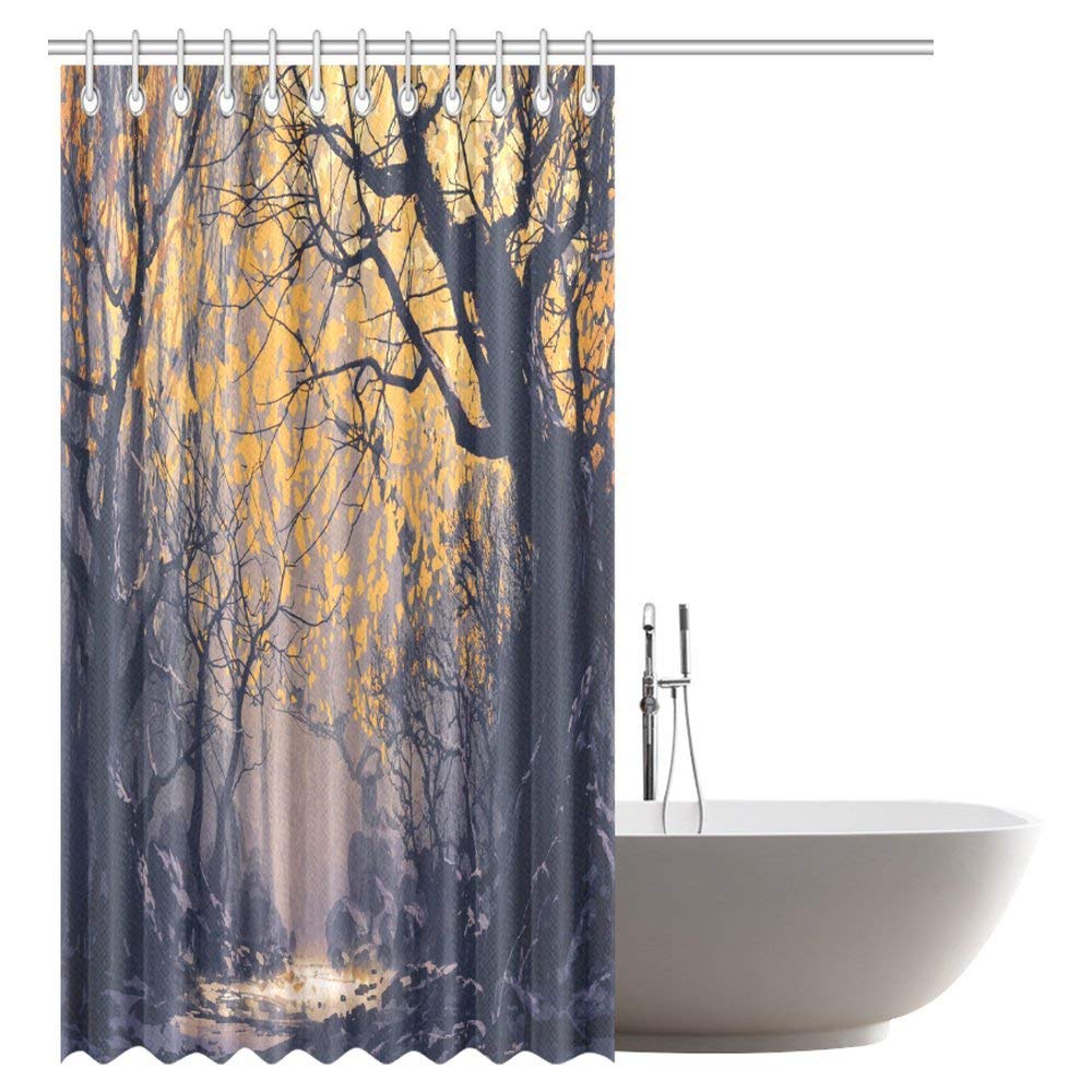 Landscape Painting Shower Curtain, Night Scene of Autumn Forest Fabric Bathroom Shower Curtain with Hooks