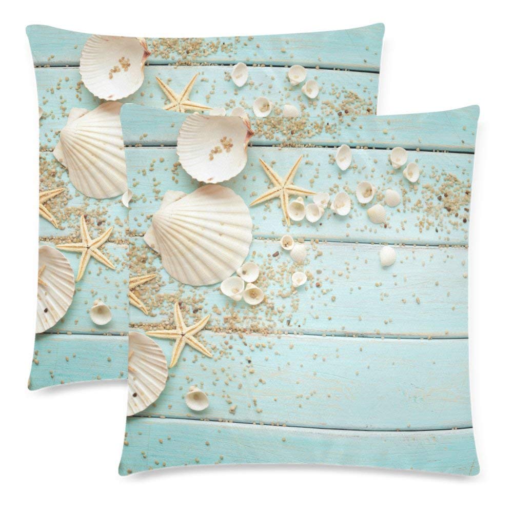 Wooden with Seashell Starfish Nautical Decor Throw Pillowcase Pillow Case 18x18 Twin Sides for Couch Bed, Ocean Sea Shell Zippered Cushion Pillow Cover Shams Decorative, Set of 2