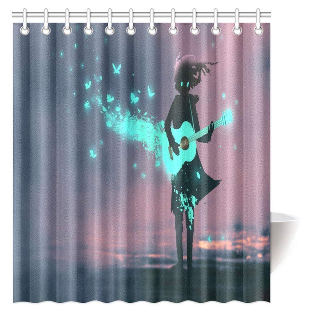 Music Shower Curtain, Girl Playing Guitar with a Blue Light and Glowing Butterflies Print Fabric Bathroom Shower Curtain