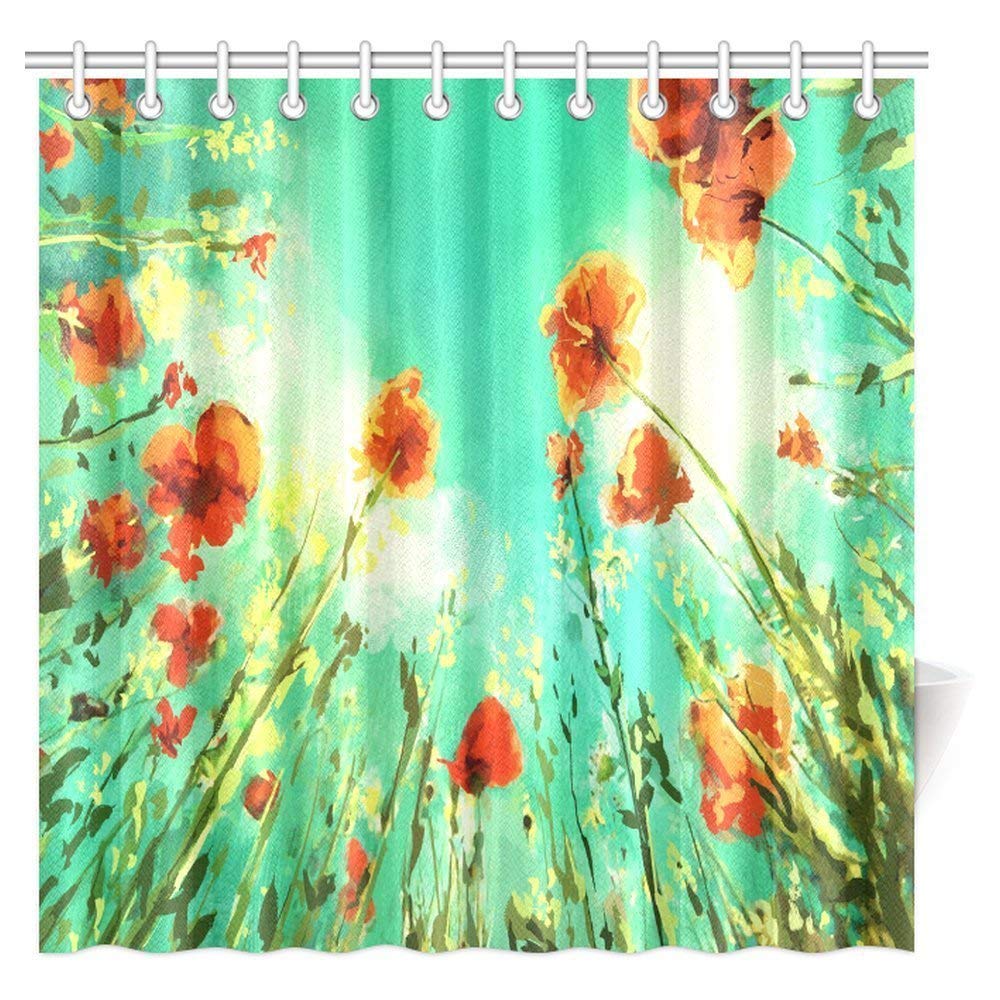 Red Poppies Green Leaves Shower Curtain, Poppies of Spring Season Pastoral Flowers Botany Bouquet Field Nature Theme Art Bathroom Set with Hooks