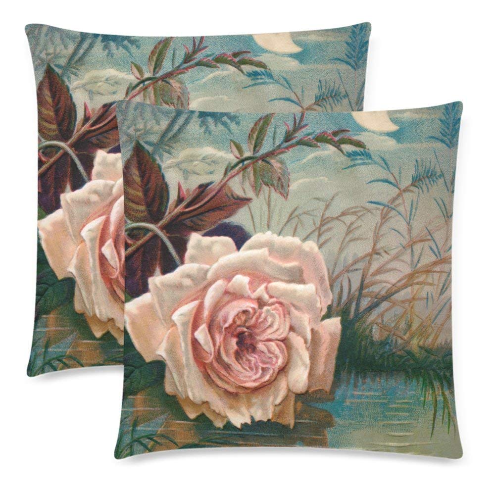 Custom 2 Pack Rose Reflecting in Moonlight Throw Cushion Pillow Case Covers 18x18 Twin Sides, Beautiful Pink Rose Flower Cotton Zippered Pillowcase Sets Decorative