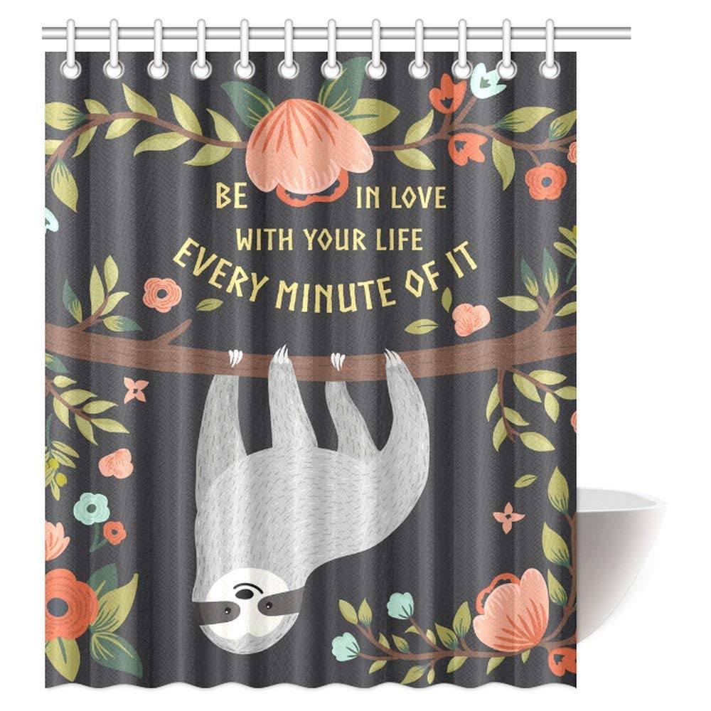 Funny Sloth Shower Curtain, Cute Animal Baby Sloth on Tree Branch Polyester Fabric Bathroom Shower Curtain