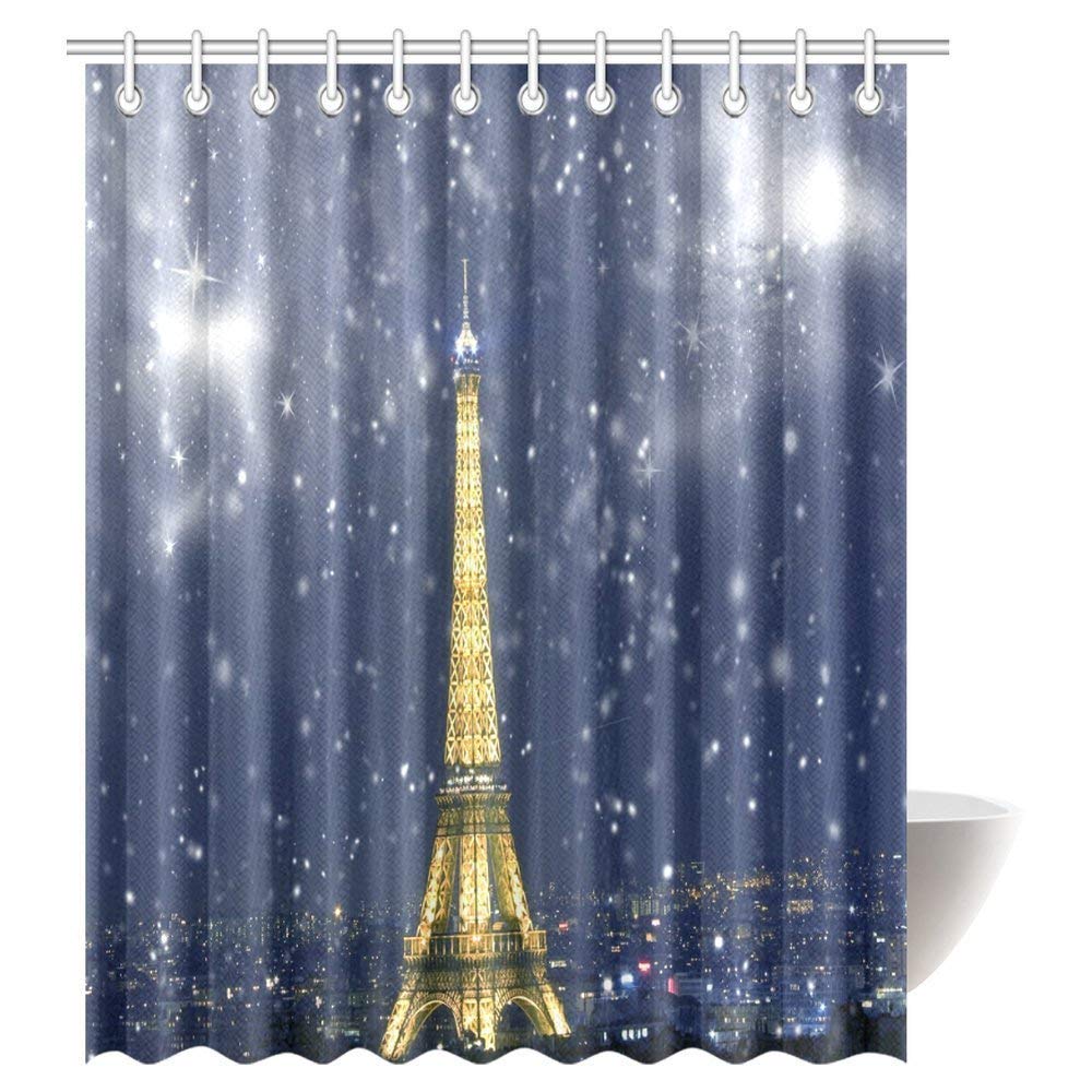 Celebration of Christmas in Paris Shower Curtain, Eiffel Tower With Snowflakes Bathroom Shower Curtain Set with Hooks