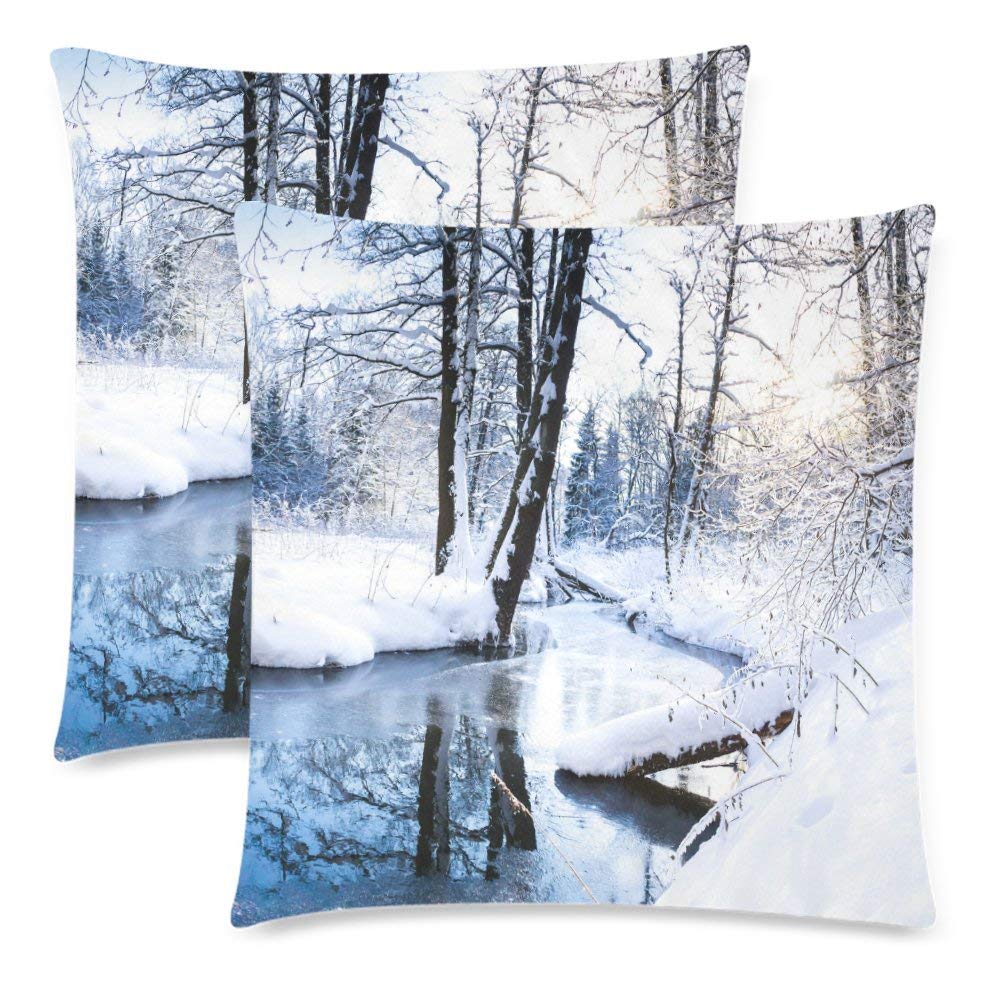 Custom 2 Pack Winter Forest Landscape Snow Throw Cushion Pillow Case Covers 18x18 Twin Sides, Winter River Christmas Gift Cotton Zippered Pillowcase Sets Decorative