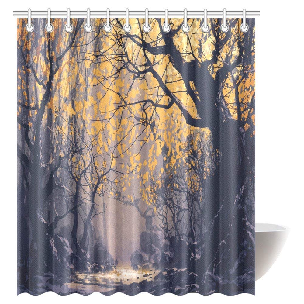 Landscape Painting Shower Curtain, Night Scene of Autumn Forest Fabric Bathroom Shower Curtain with Hooks