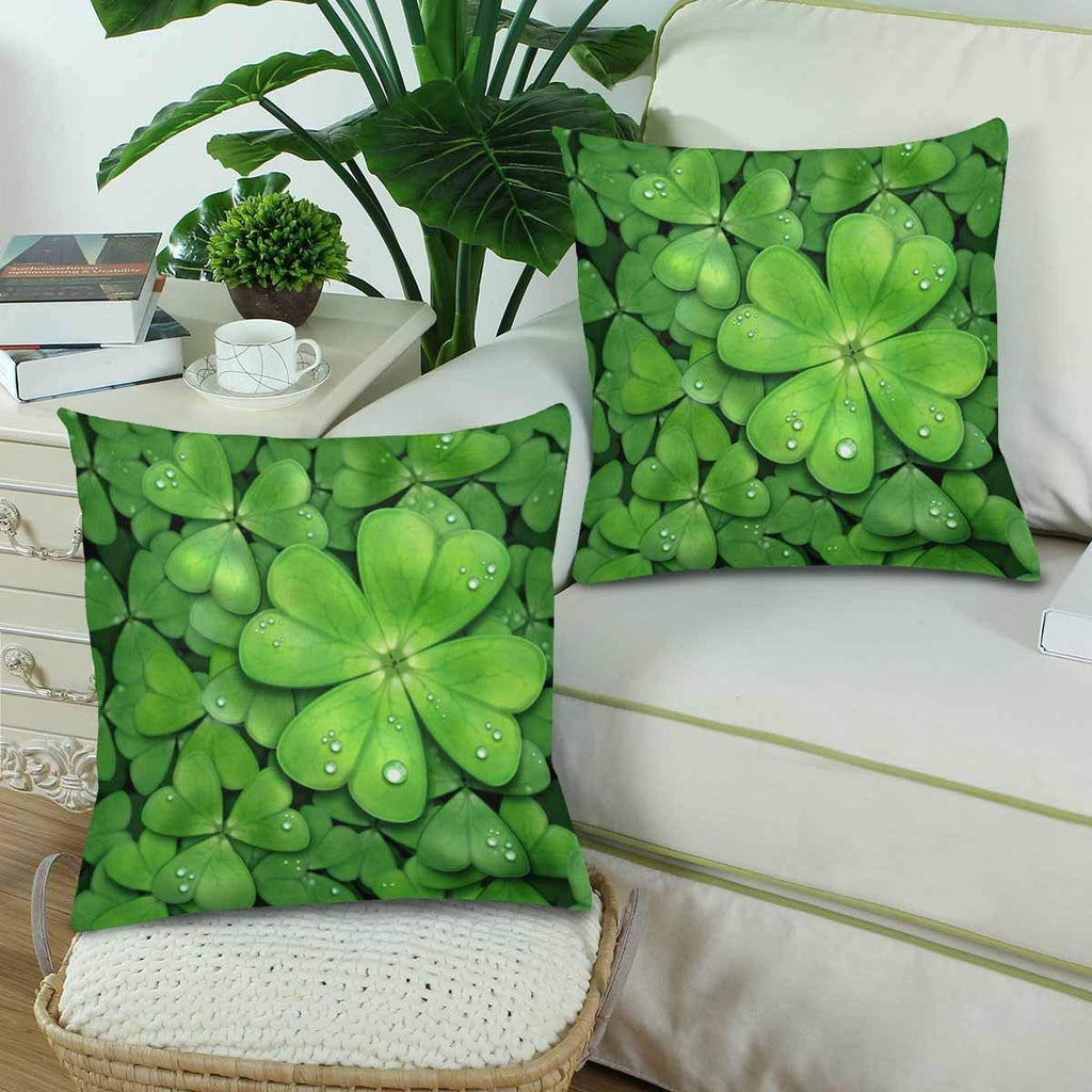 Irish St. Patrick's Day Shamrock Pillow Cushion Case Cover 18x18 Twin Sides, Green Lucky Clover Polyester Zippered Throw Pillowcase Protector Decorative, Set of 2