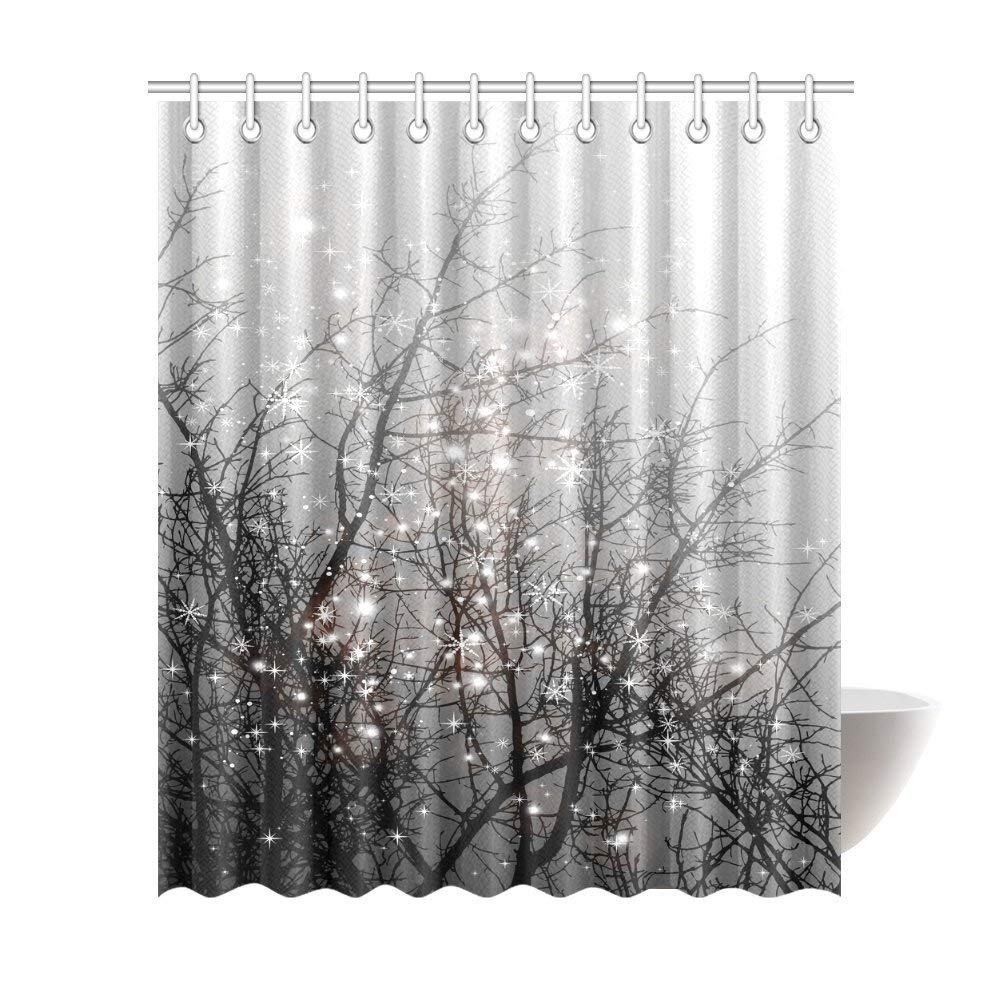 Fashion Mystical Magical Tree Home Decor, Beautiful Black Tree Branch with Snowflake Polyester Fabric Shower Curtain With Hooks Black Grey